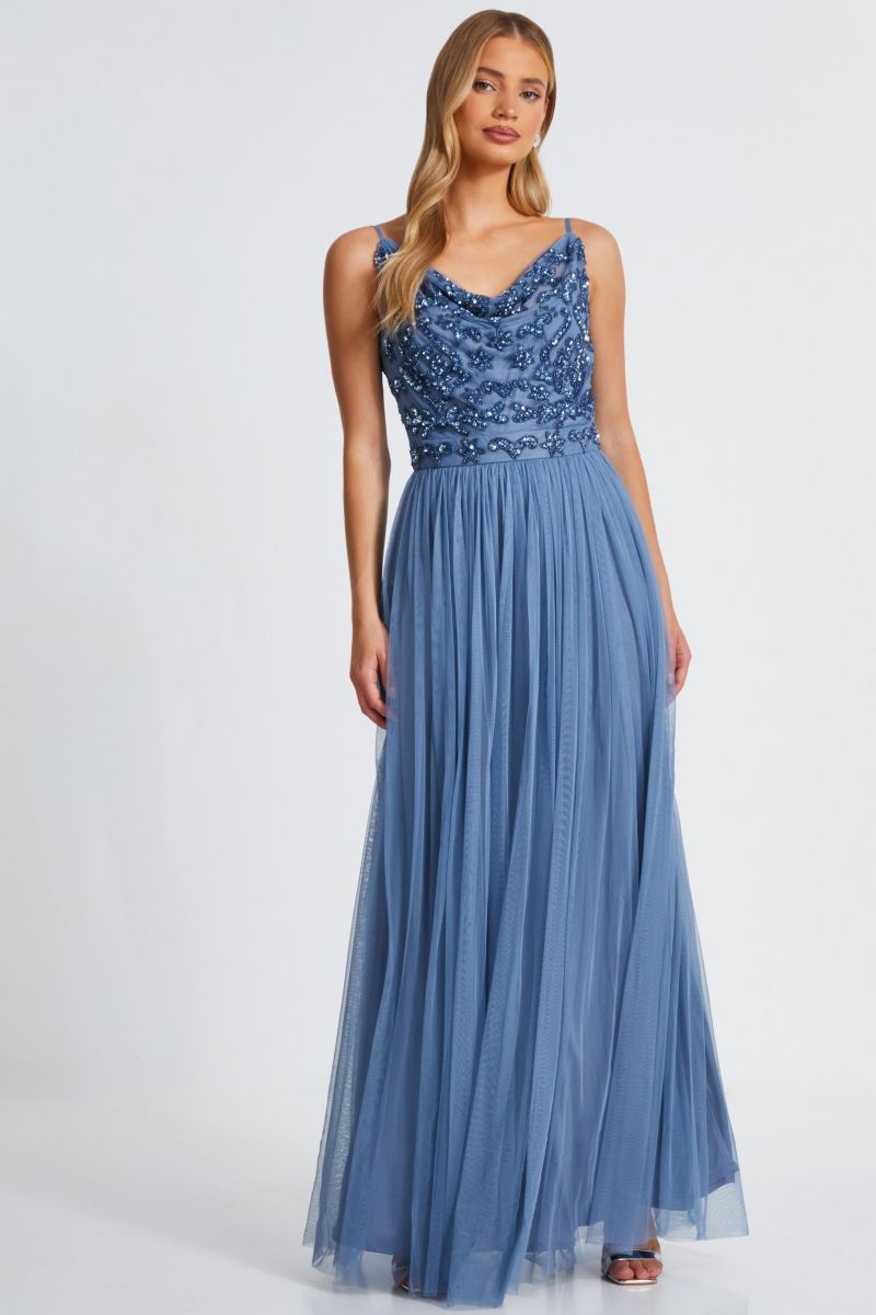 Women's Mesh Cowl Neck Beaded Maxi Dress