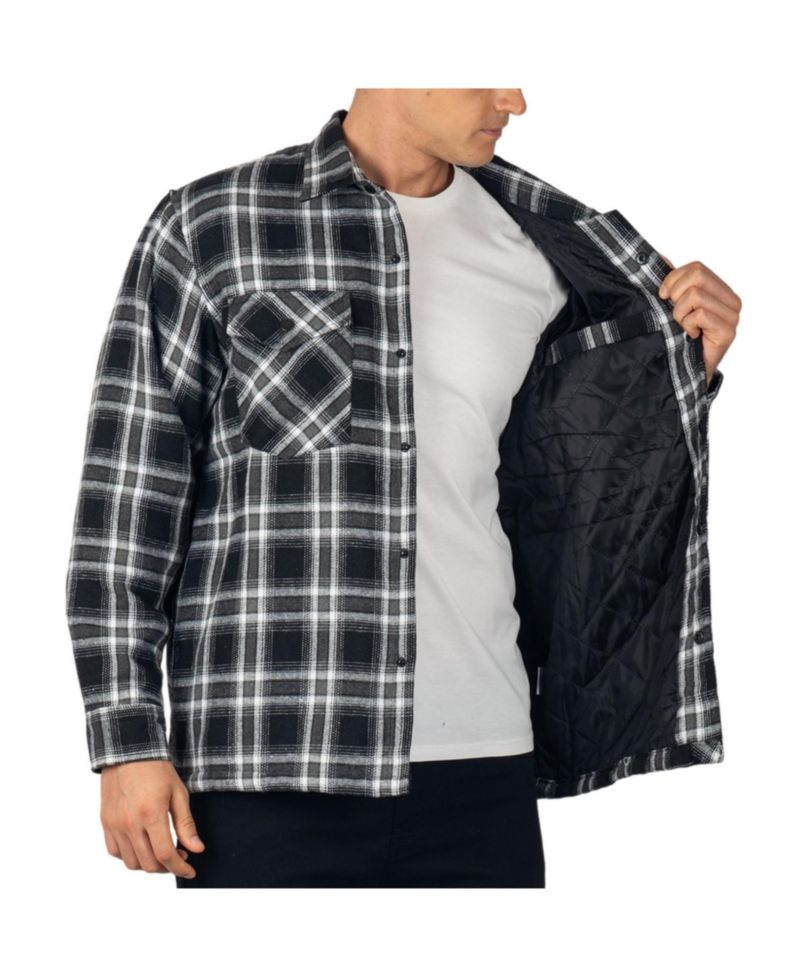 Men's Henry Quilted Flannel Shirt Heavyweight Warm Plaid Snap Front Shacket Overshirt