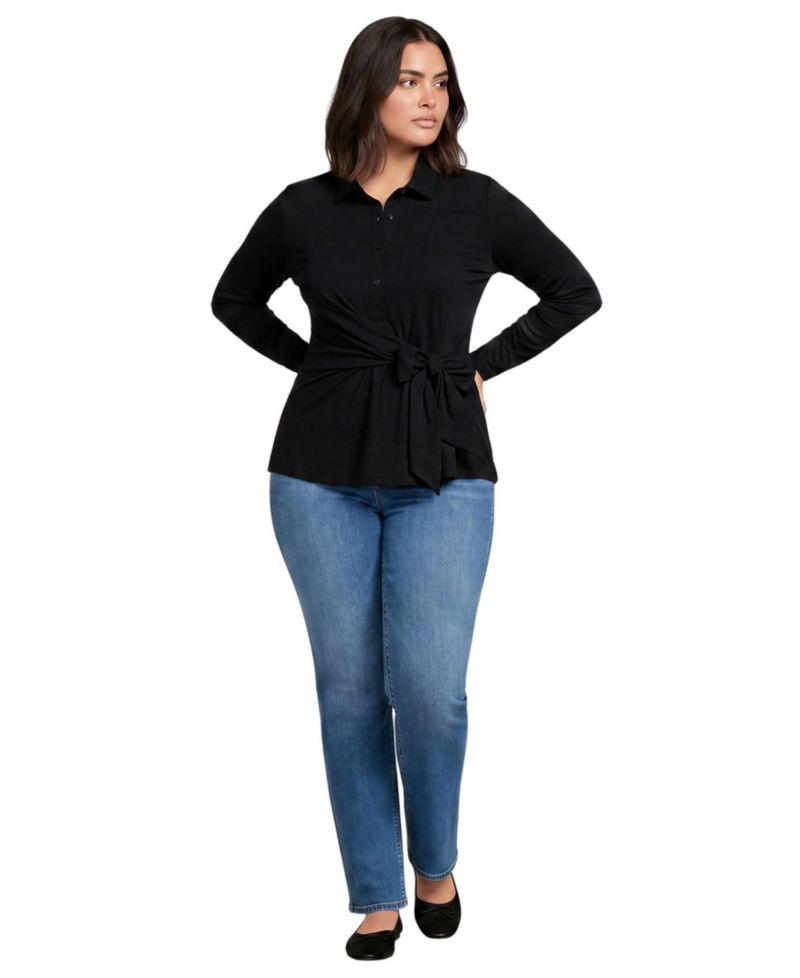 Plus Size Long-Sleeve Jersey Tie Detail Blouse