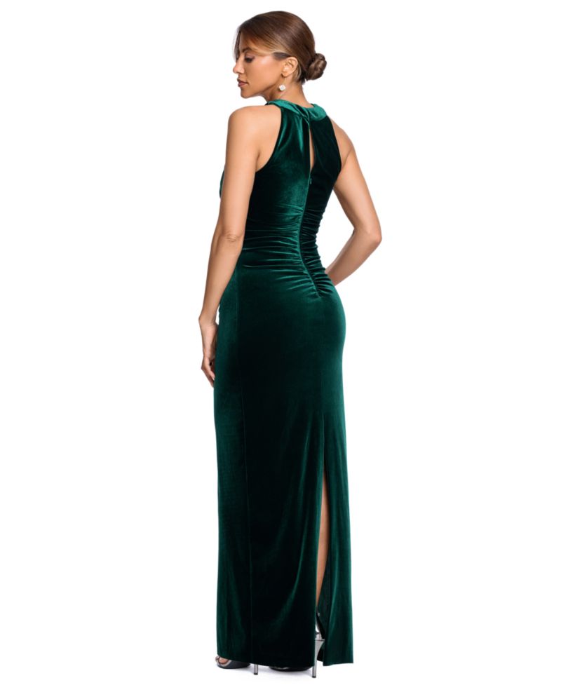 Petite Cross-Front Halter Ruched Velvet Gown