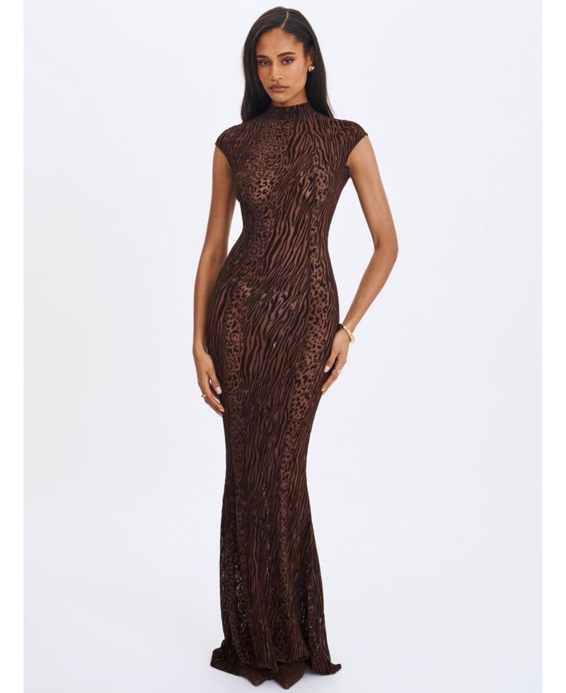 Women's Tyanna Mocha Burnout Velvet Mesh Backless Mermaid Maxi Dress