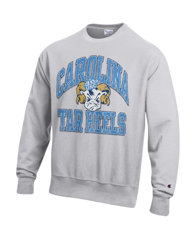 Men's Gray North Carolina Tar Heels Distressed Arch Over Logo Reverse Weave Crew Neck Sweatshirt