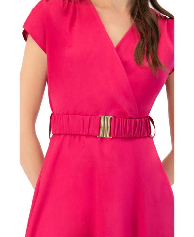 Women's Sleeveless Midi Satin Dress with Belt