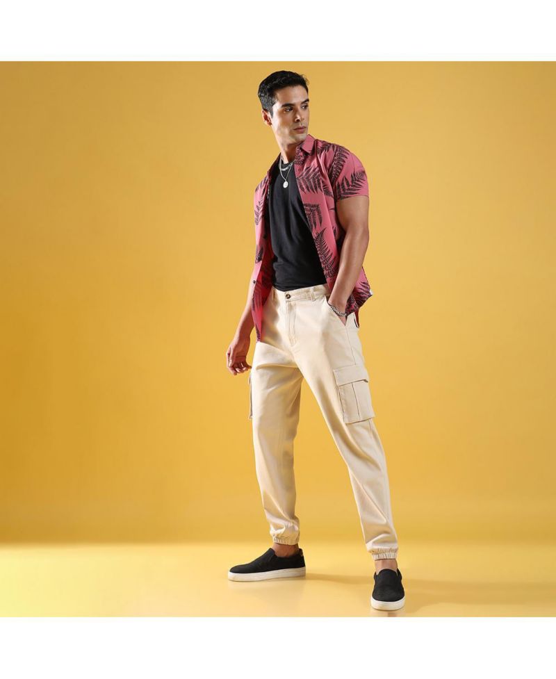 Men's Beige Cuffed Hem Cargo Trousers
