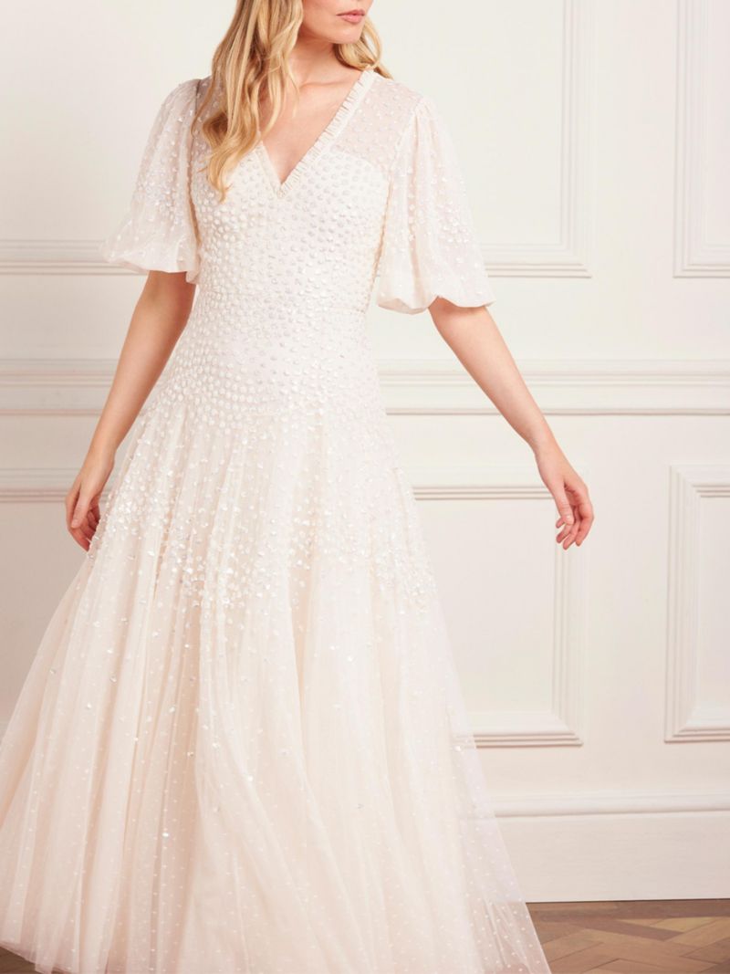 Women's Scallop Sequin V-neck Ankle Gown
