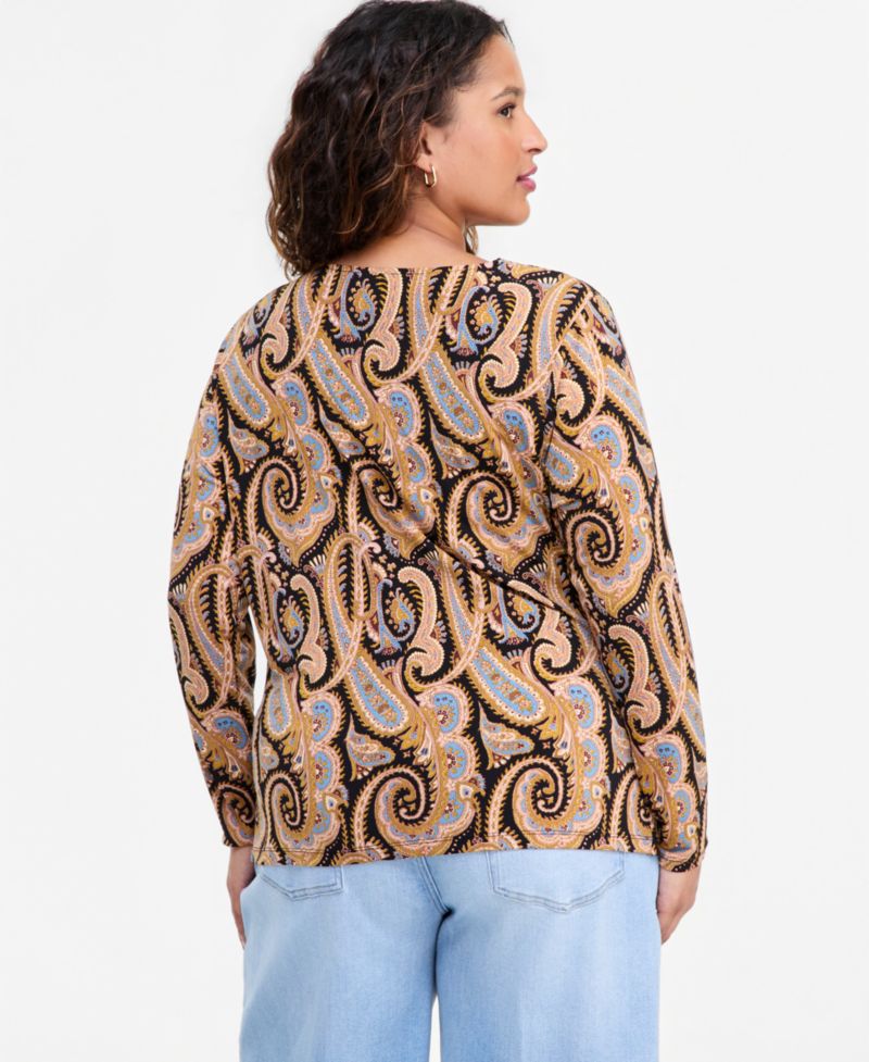 Plus Size Ruched Asymmetrical-Neckline Long-Sleeve Blouse