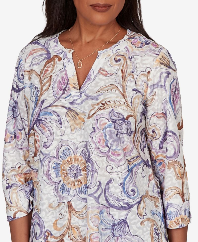 Petite Grand Bazaar Jacobean Floral Split Neck Top