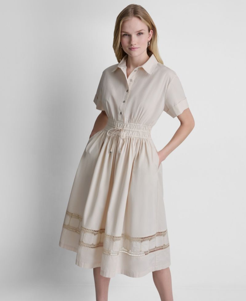 Women's Embroidered Short-Sleeve Cotton Shirt-Dress