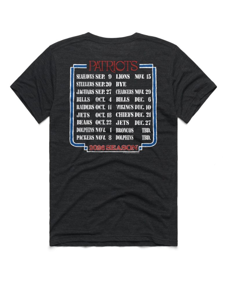 Men's and Women's Charcoal New England Patriots 2026 NFL Schedule Queen Tri-Blend T-Shirt