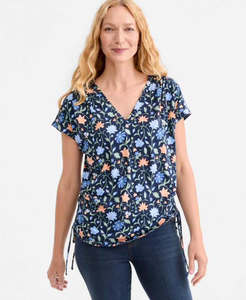 Petite Ruched Tie-Side Floral T-Shirt