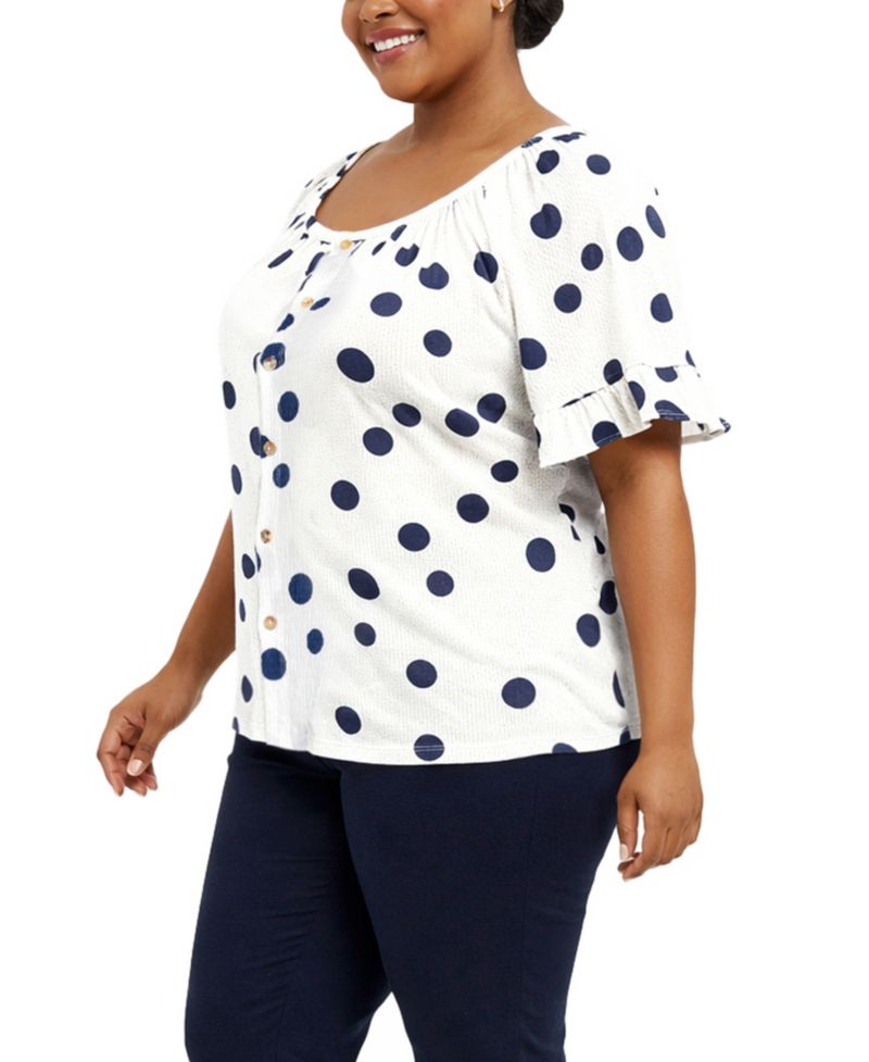 Plus Size Polka Dot Crinkle Knit Button-Front Ruffle Sleeve Top