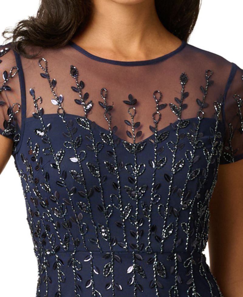 Women's Crew Neck Beaded 3D Petal Gown