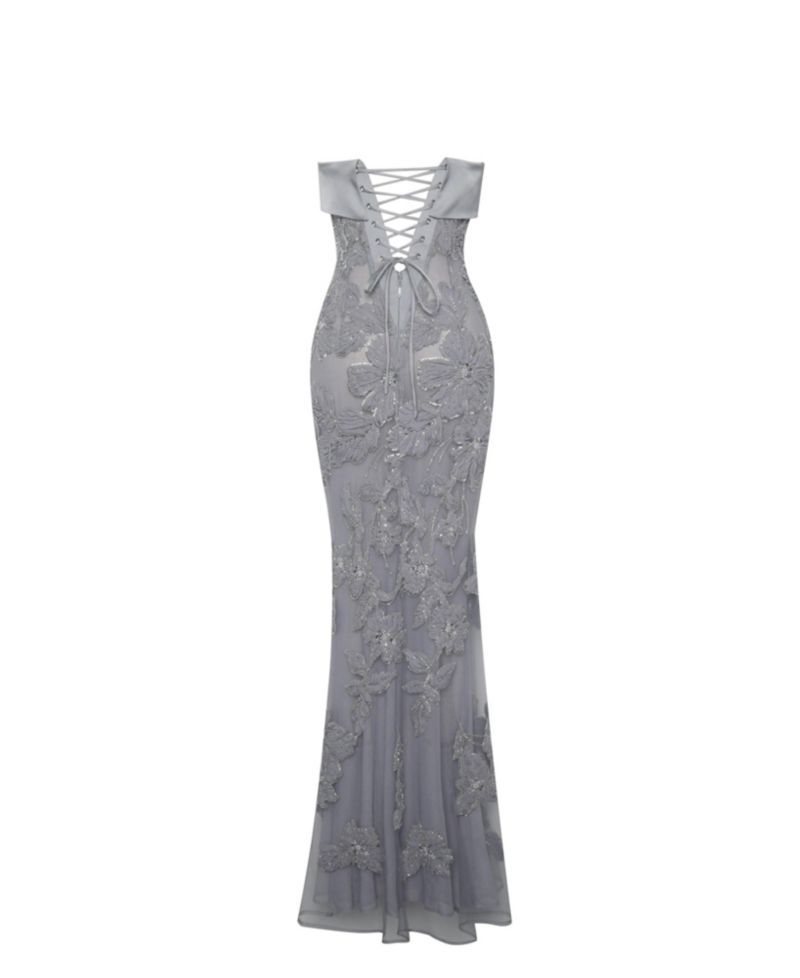 Women's Raphaela Silver Beaded Floral Strapless Mermaid Maxi Dress