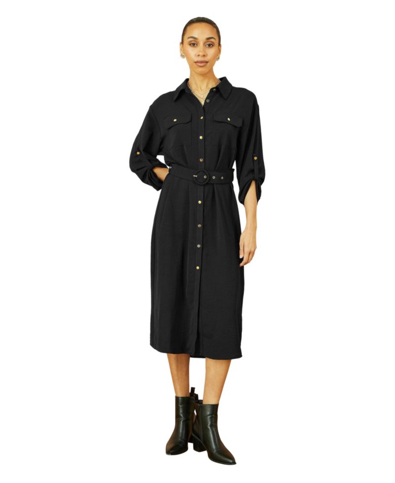 Women's 3/4 Sleeve Belted Midi Shirt Dress