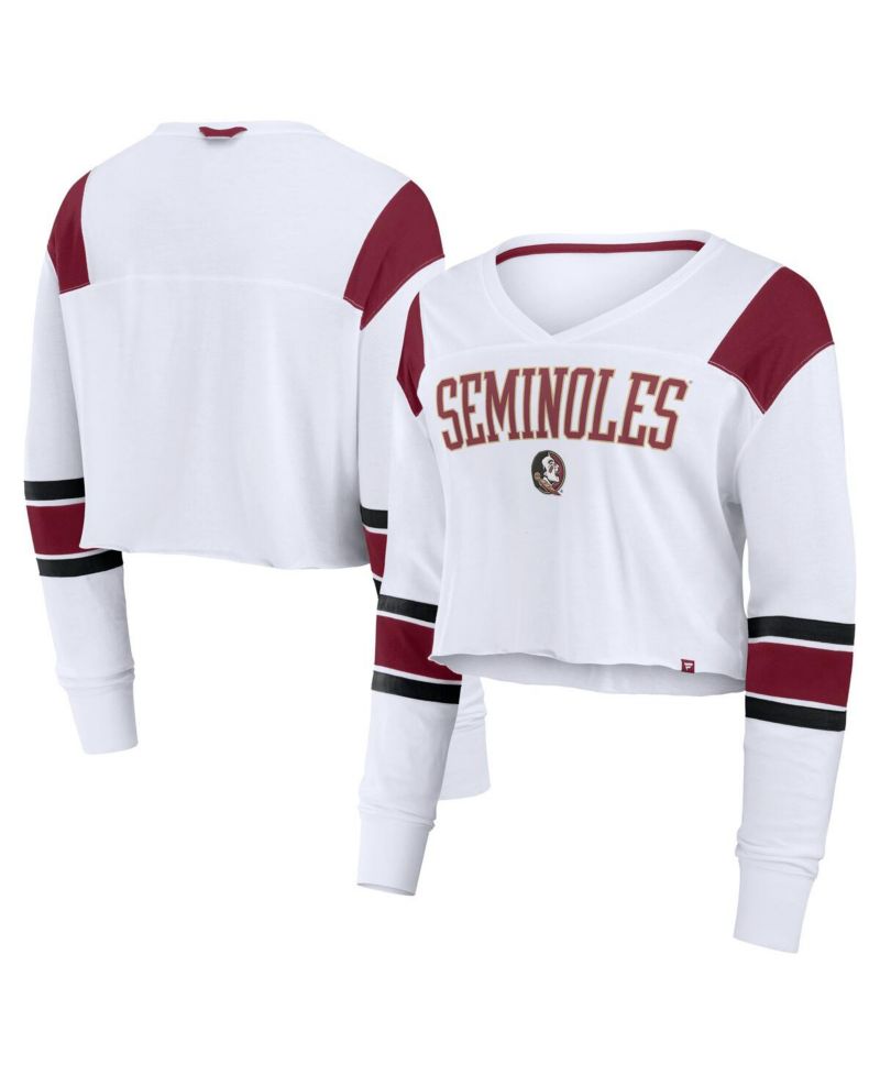 Women's White Florida State Seminoles Training Camp Cropped Long Sleeve V-Neck Fashion Top