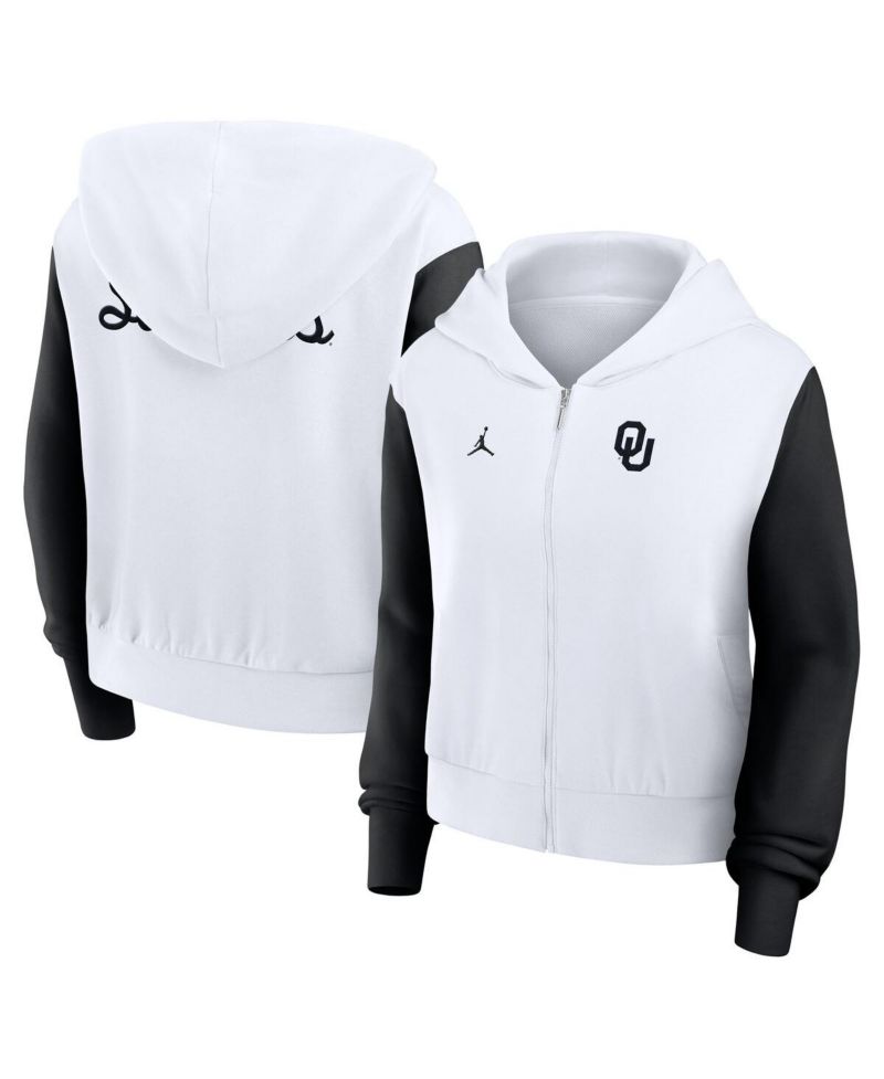 Women's White Oklahoma Sooners Cropped Athletic Prep Color Block Script Full-Zip Hoodie