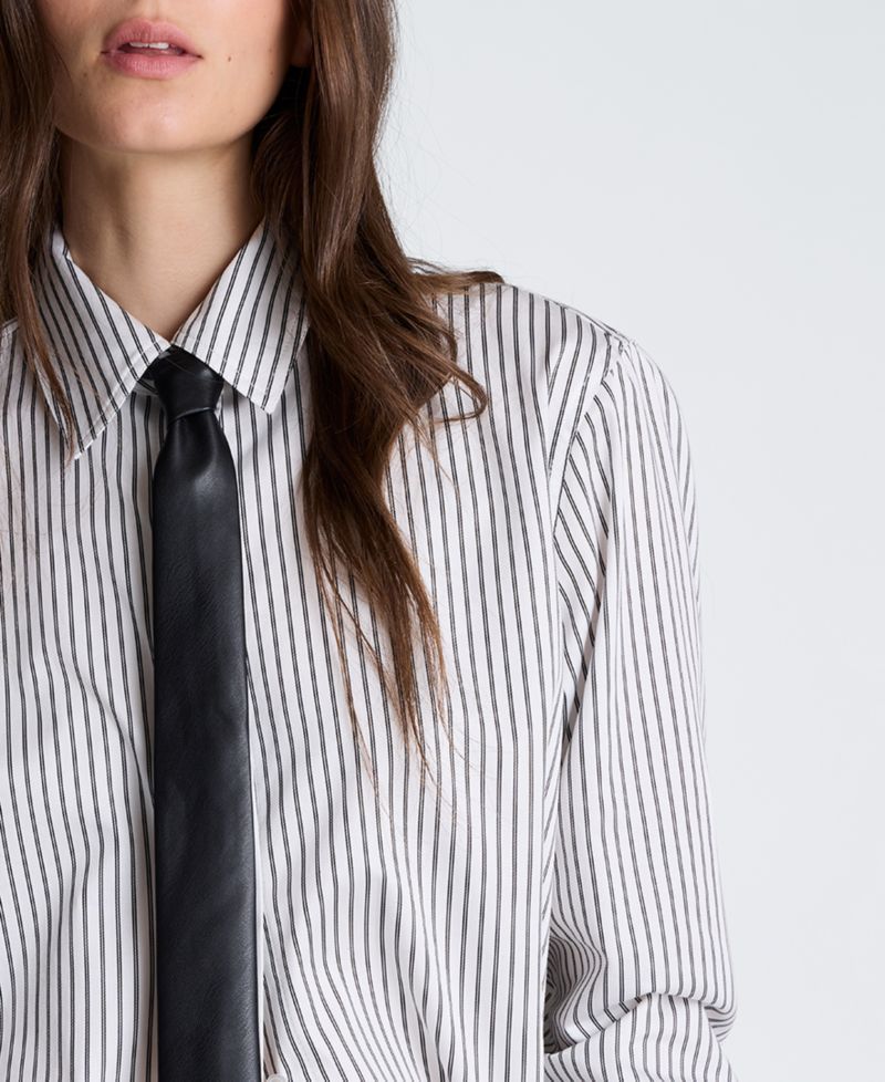 Women's Pinstripe Button Down Shirt with Faux Leather Tie