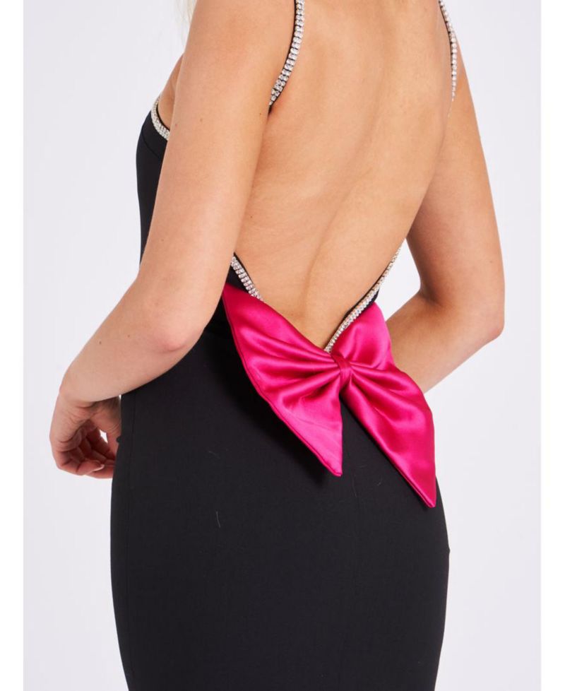 Women's Flore Black Crystal Straps Backless Gown With Bow