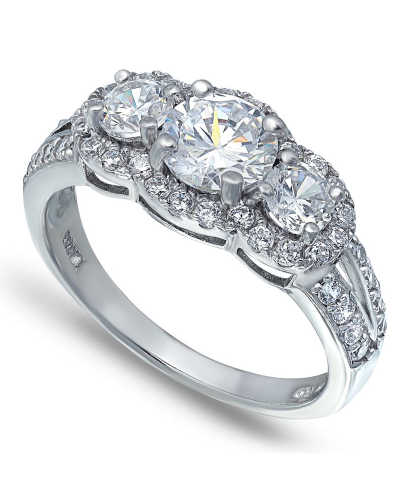 Cubic Zirconia Round 3 Stone Halo Ring in Silver Plate