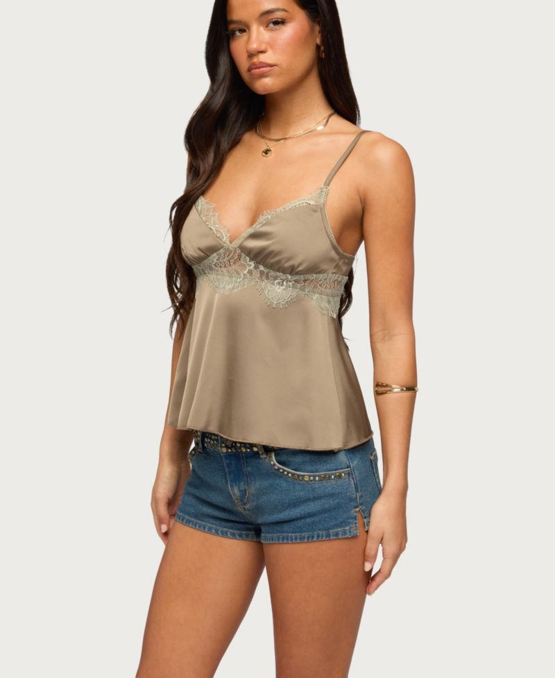 Women's Satin Effect Lacey Babydoll Top