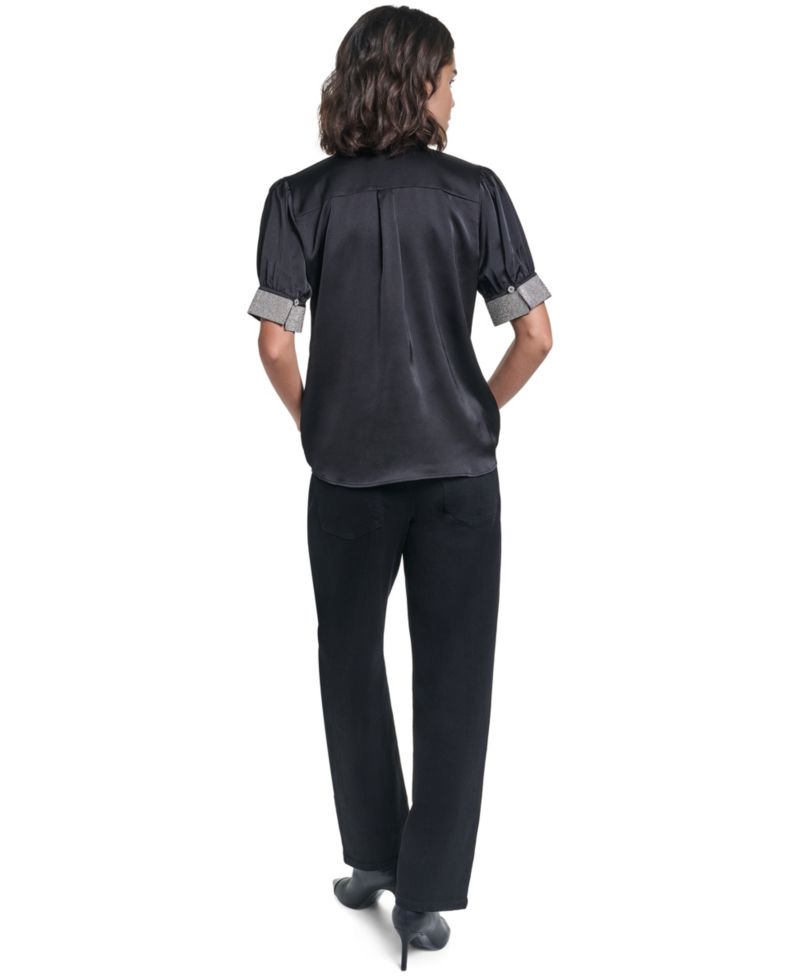 Women's Satin Rhinestone-Cuff Button-Front Top