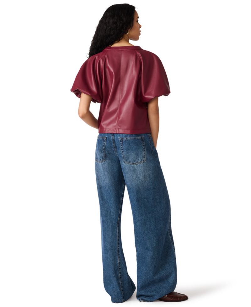 Women's Cecila Top Faux-Leather Puff-Sleeve Blouse