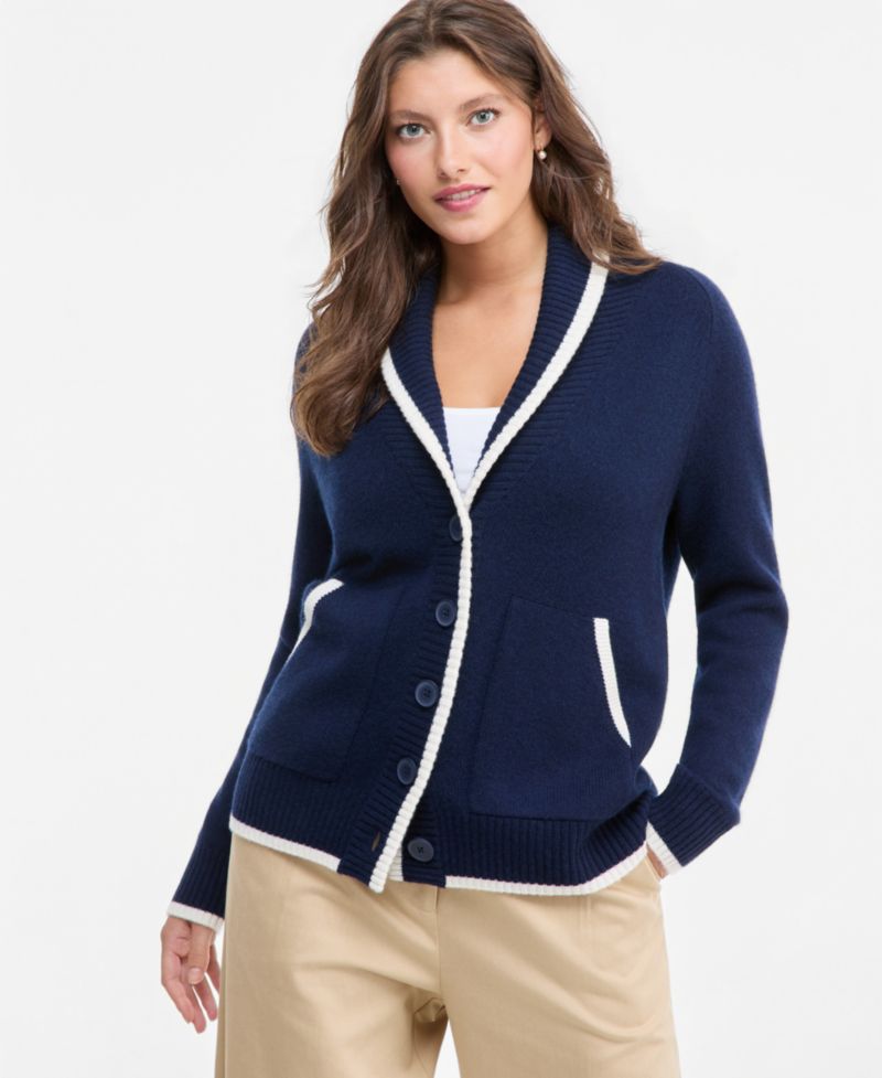 Women's 100% Cashmere Tipped Shawl-Collar Boyfriend Cardigan