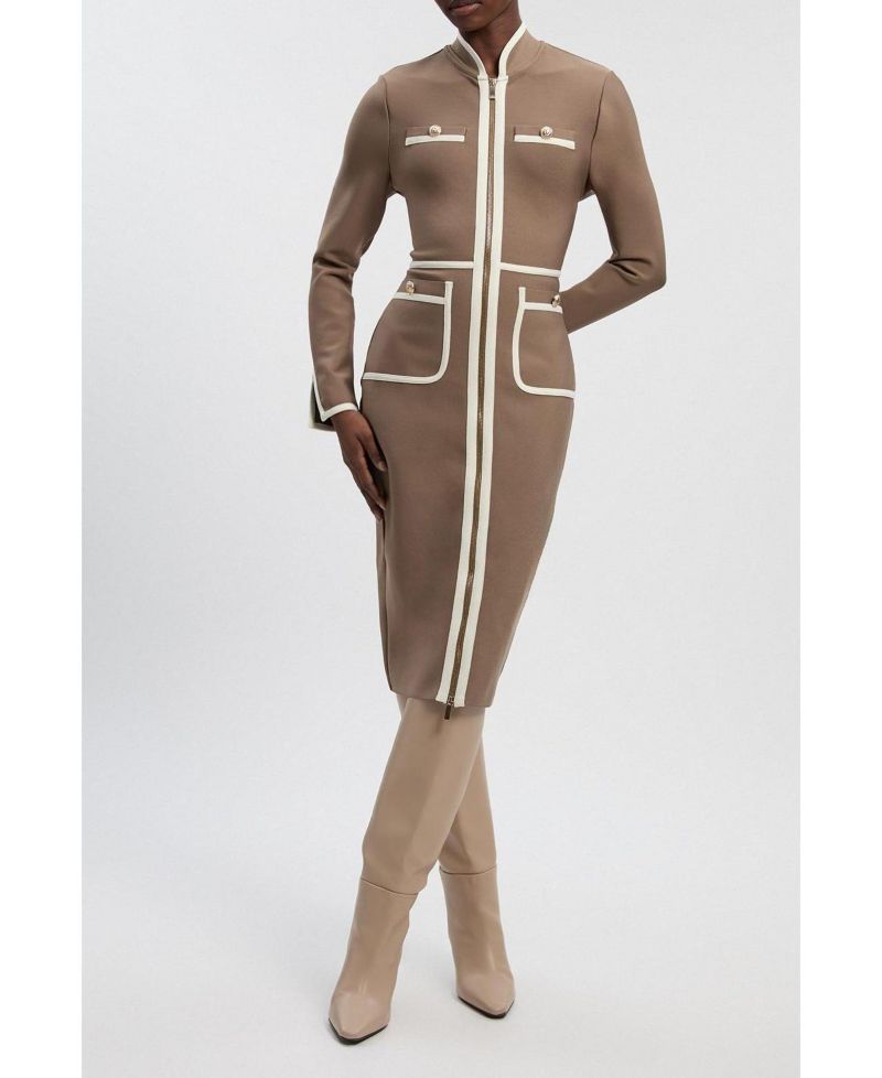 Women's Bandage Military Piping Midi Dress