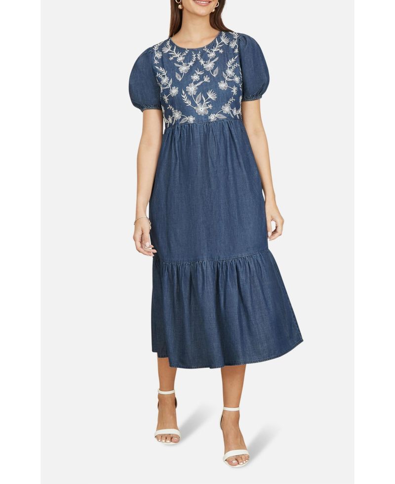 Women's Floral Embroidered Puff Sleeve Dress