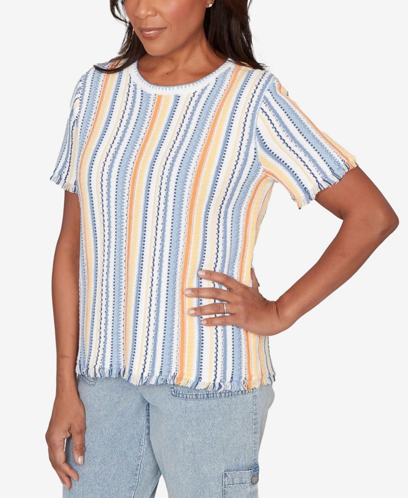 Women's Out of the Blue Textured Fringe Stripe Short-Sleeve T-Shirt