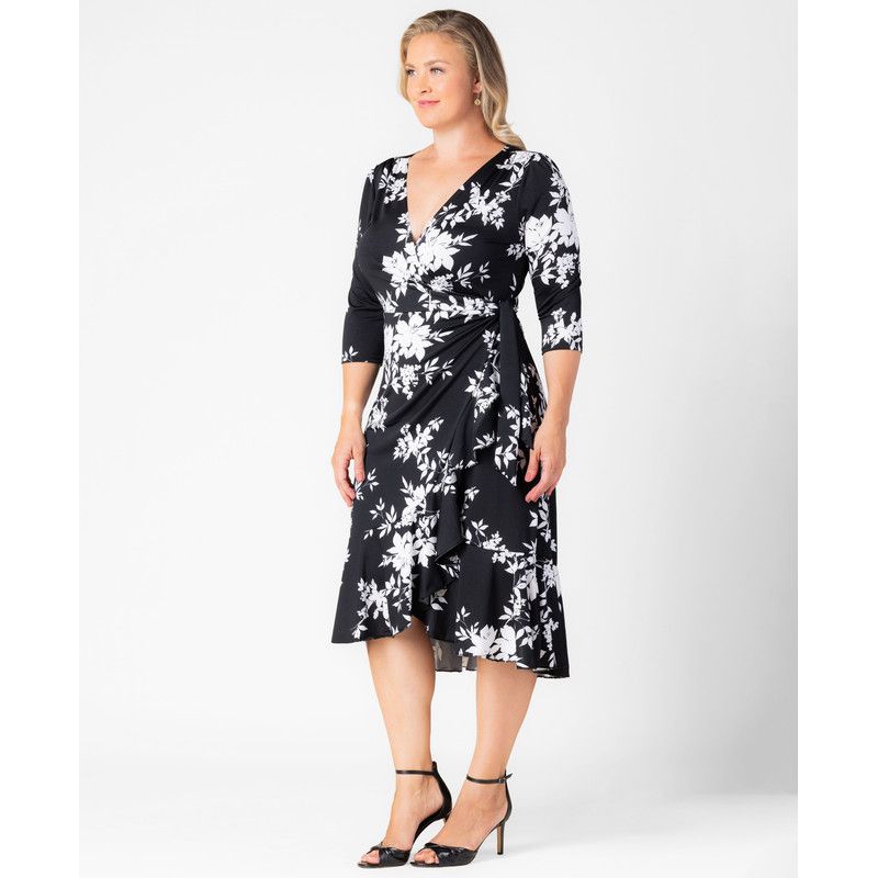 Plus Size Flirty Flounce Midi Wrap Dress with 3/4 Sleeves