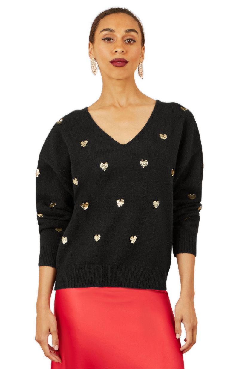 Women's Sequin Heart V-Neck Jumper