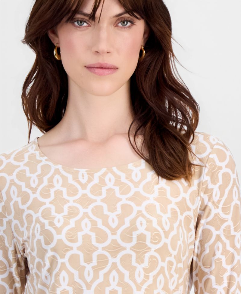 Women's Printed 3/4-Sleeve Scoop-Neck Jacquard Top