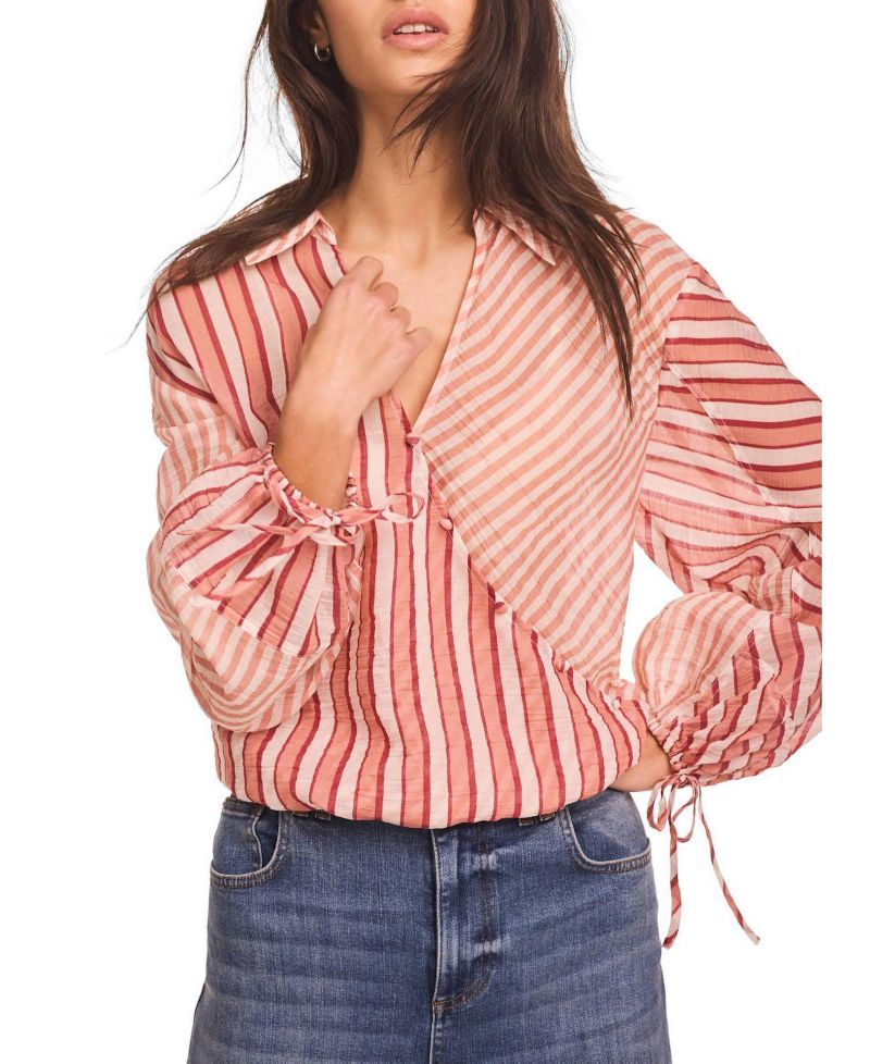 Women's Long-Sleeve Striped Wrap Blouse