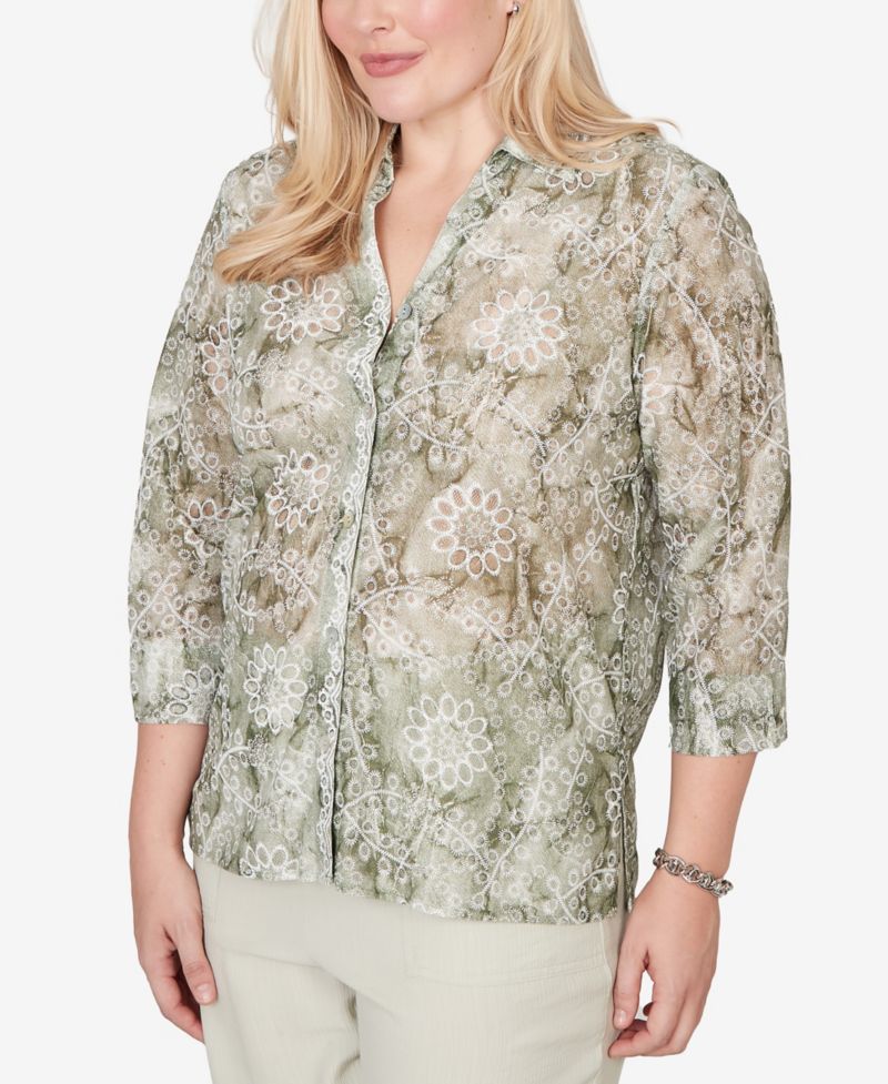 Women's Vintage Charm Tie Dye Monotone Floral Button-Front Top