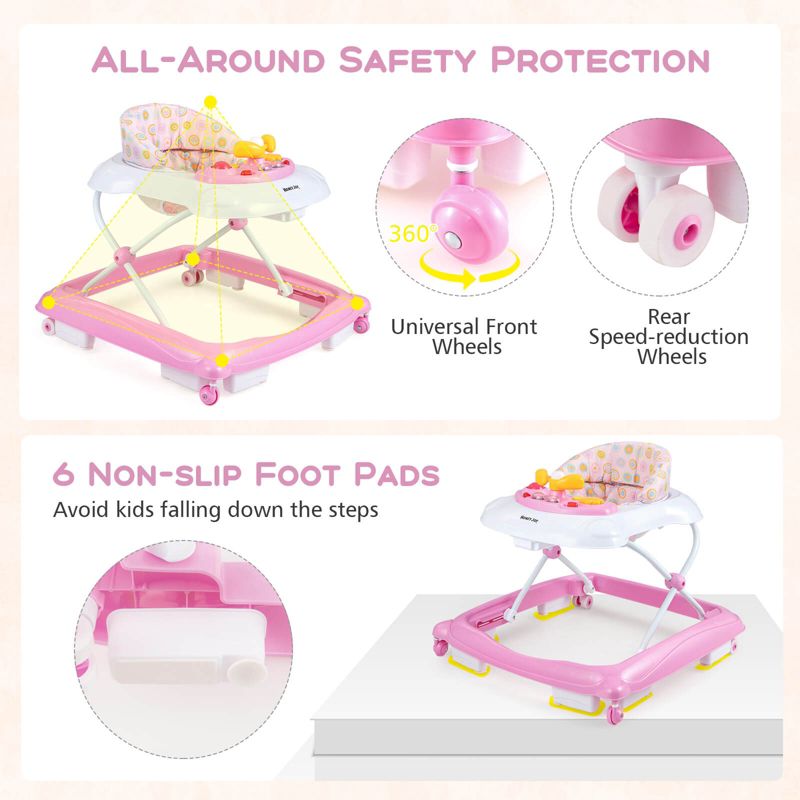 Foldable Baby Walker with 3 Adjustable Heights Comfy Padded Seat