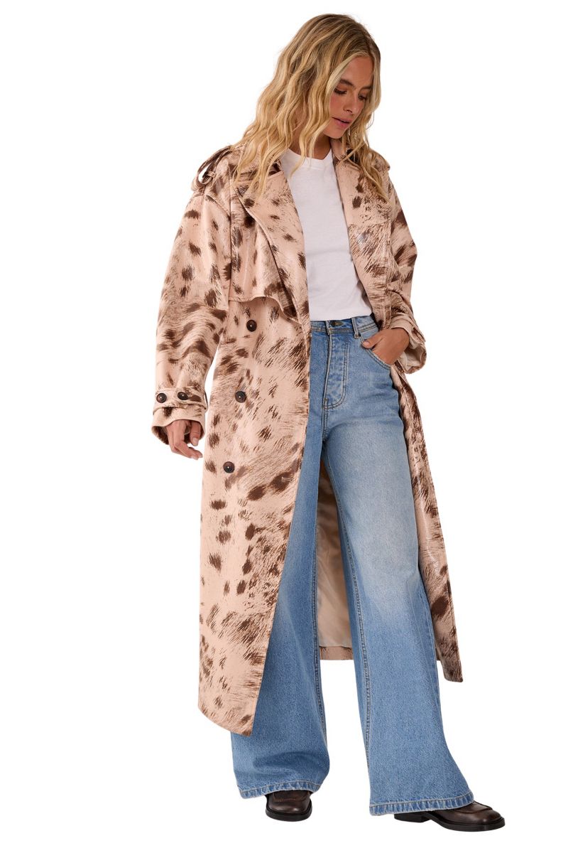 Women's Cow Print Faux Leather Trench Coat