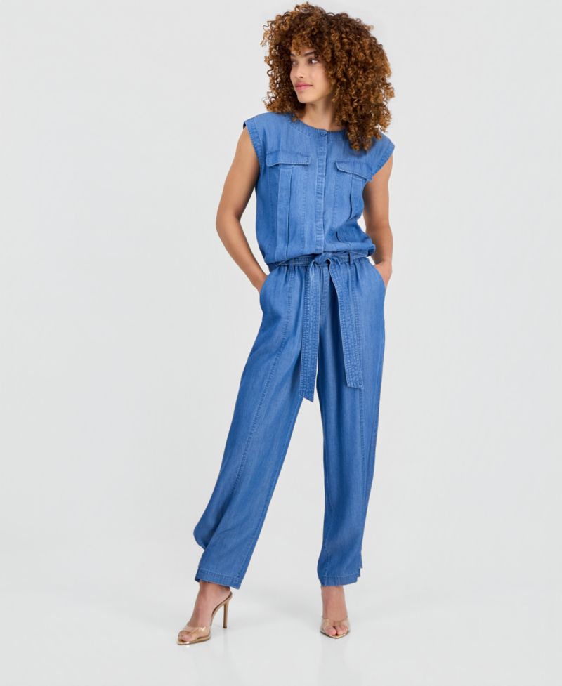 Petite Chambray Drop-Shoulder Top & High-Rise Belted Tapered Pants