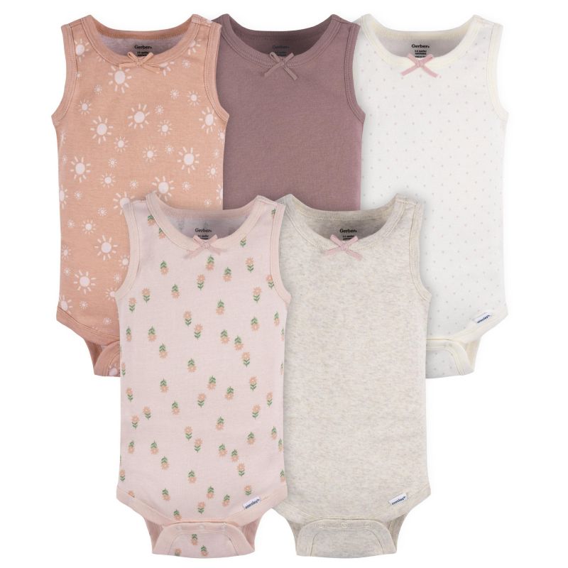 Baby Girls Sleeveless Flowers Onesies, 5-Pack