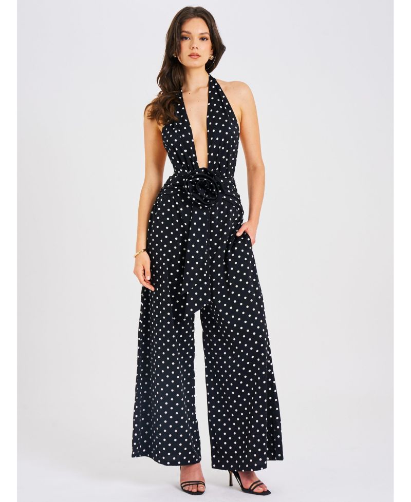 Women Oriana Black Polka Dots Halter Jumpsuit