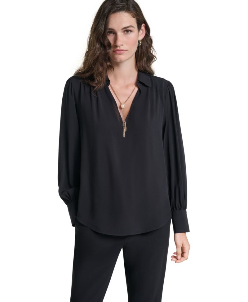 Petite Long-Sleeve Collared Blouse