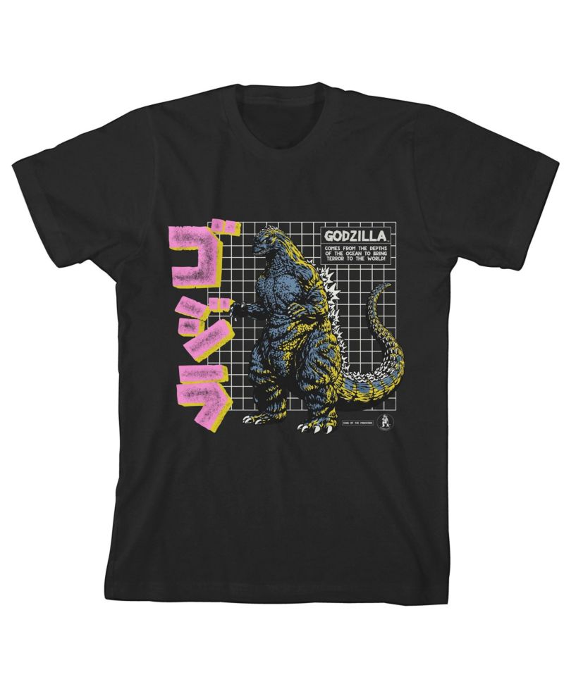 Grid and Kanji Crew Neck Short Sleeve Boy's Black T-shirt-Medium