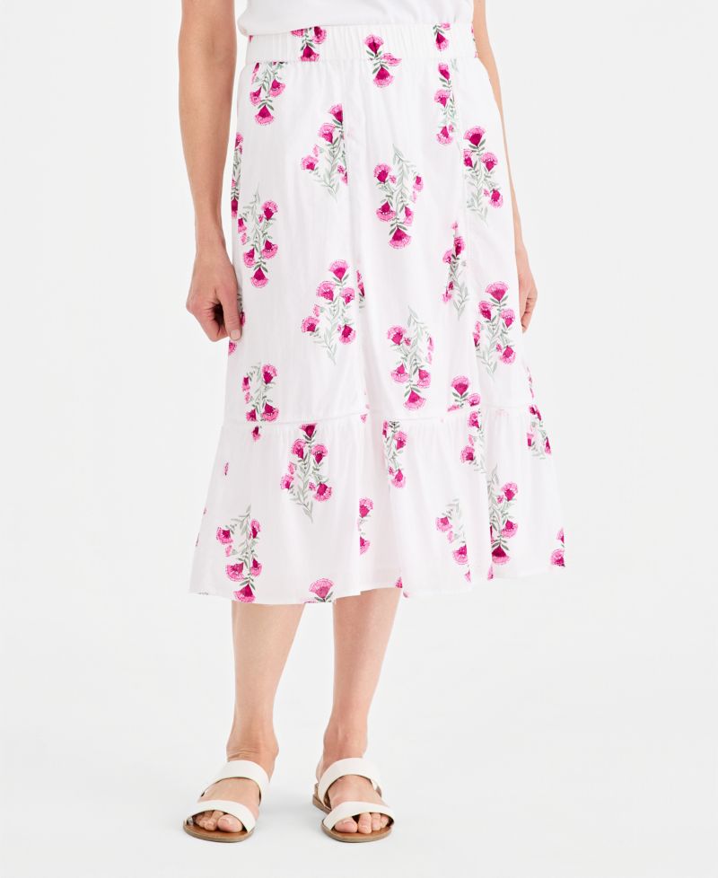 Women's Printed Cotton Pull-On Midi Skirt