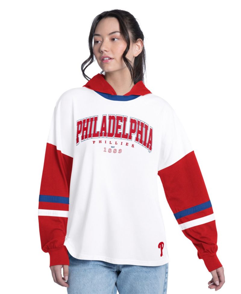 Women's White/Red Philadelphia Phillies Key Player Oversized Hooded Long Sleeve T-Shirt