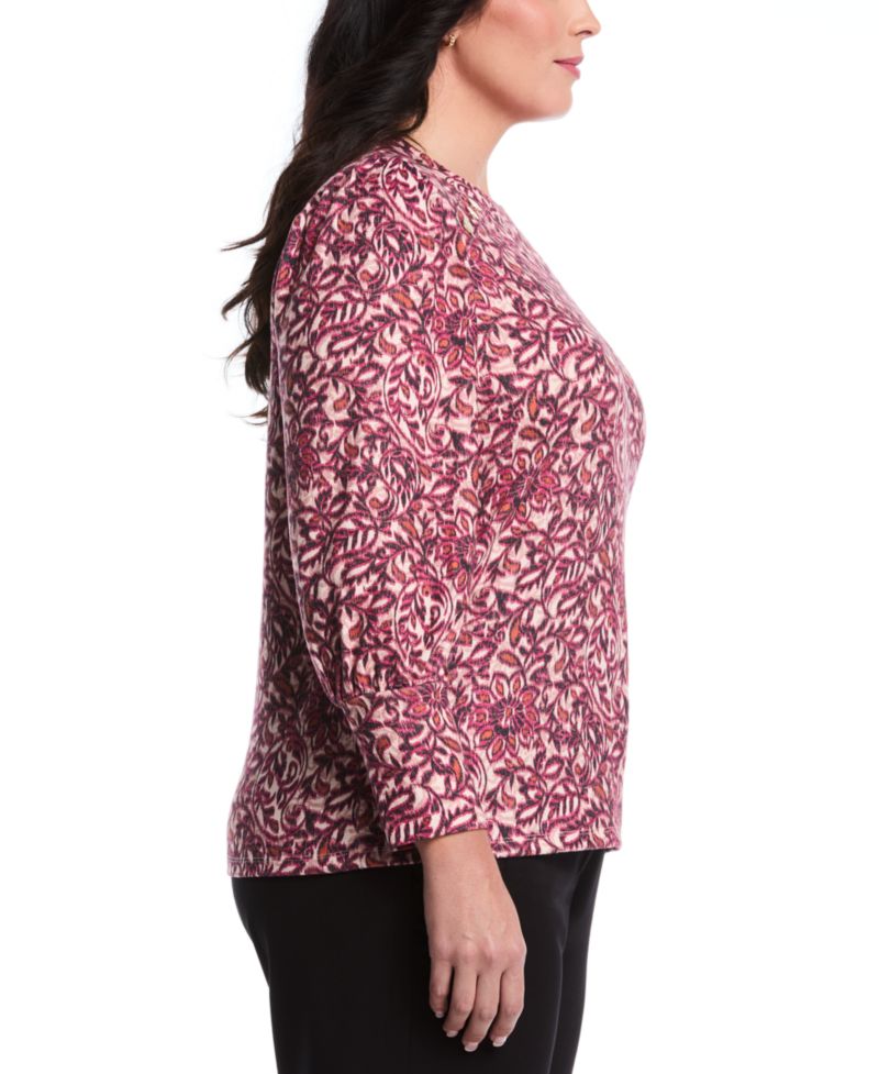 Plus Size Paisley Print Puff Long Sleeve Crew Neck Top