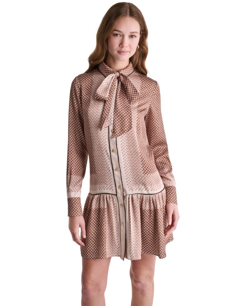Women's Geometric Print Tie-Neck Long-Sleeve Drop-Waist Dress