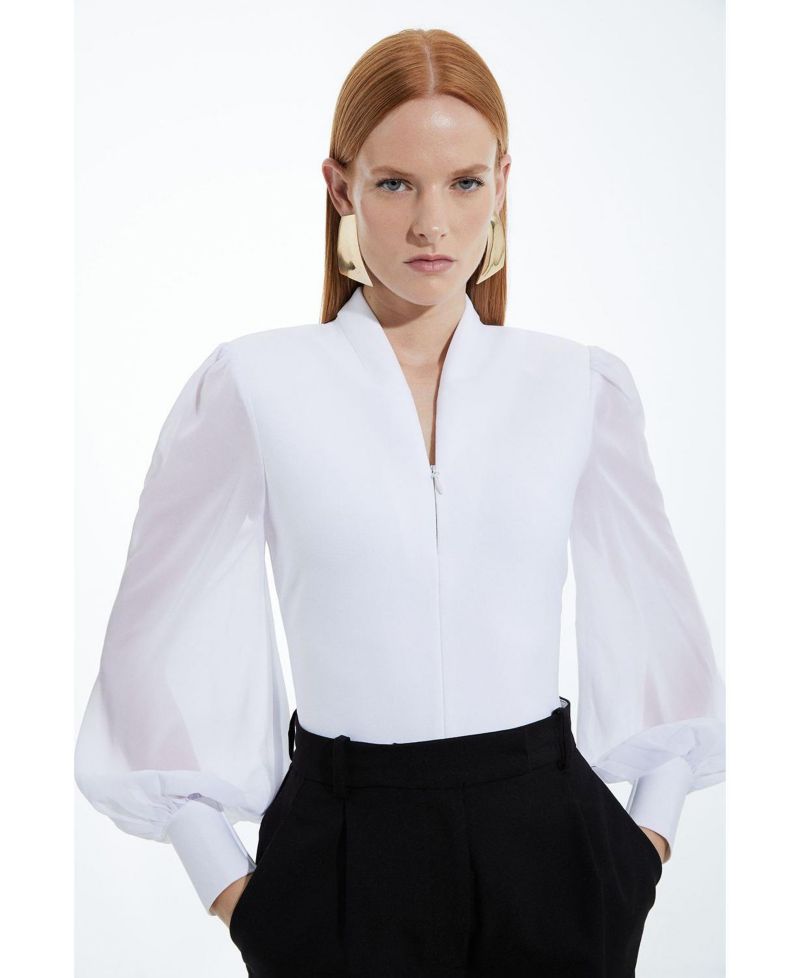 Women's Zip Detail Chiffon Sleeve Knit Top