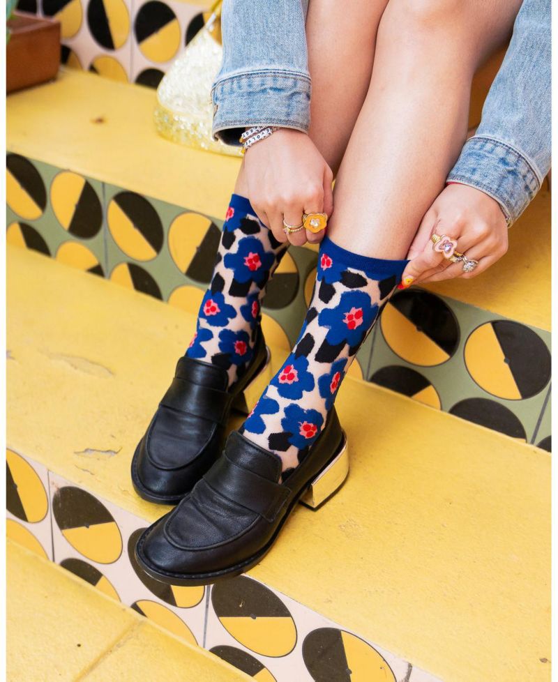 Women's Bold Blue Floral Sheer Sock