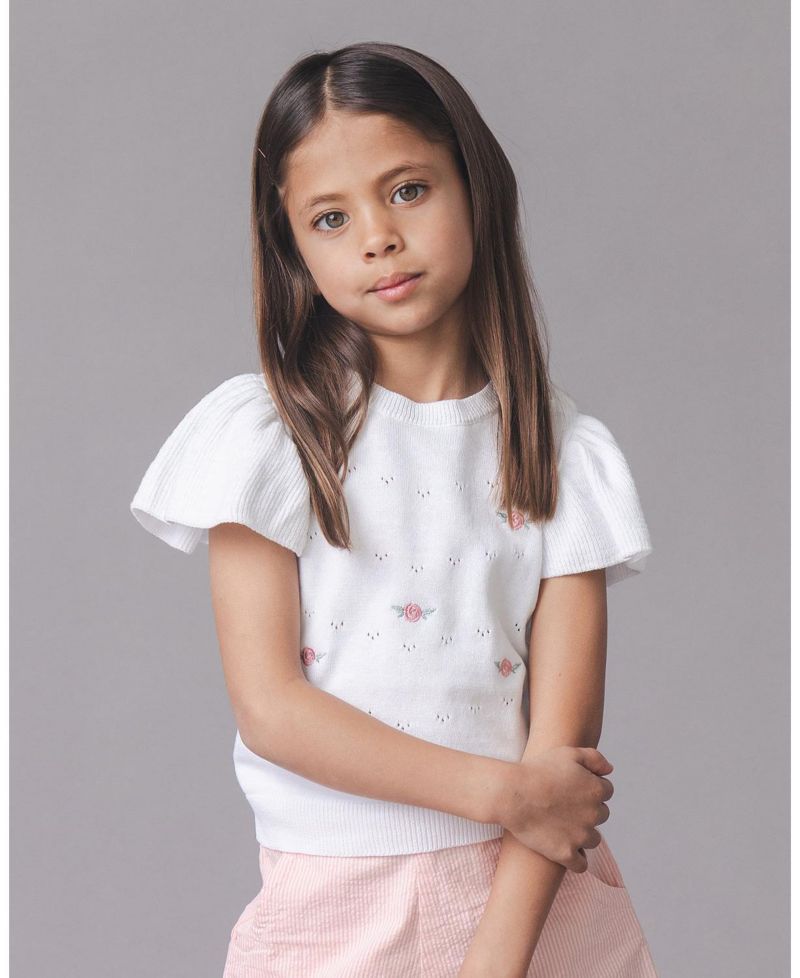 Hope and Henry Little and Big Girls' Organic Ruffle Sleeve Pointelle Sweater