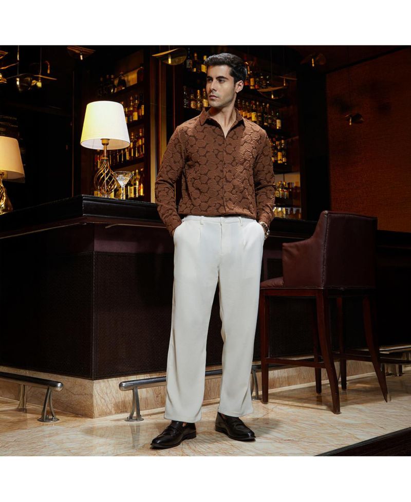 Men's Cream White Waffle-Pleated Straight Trousers